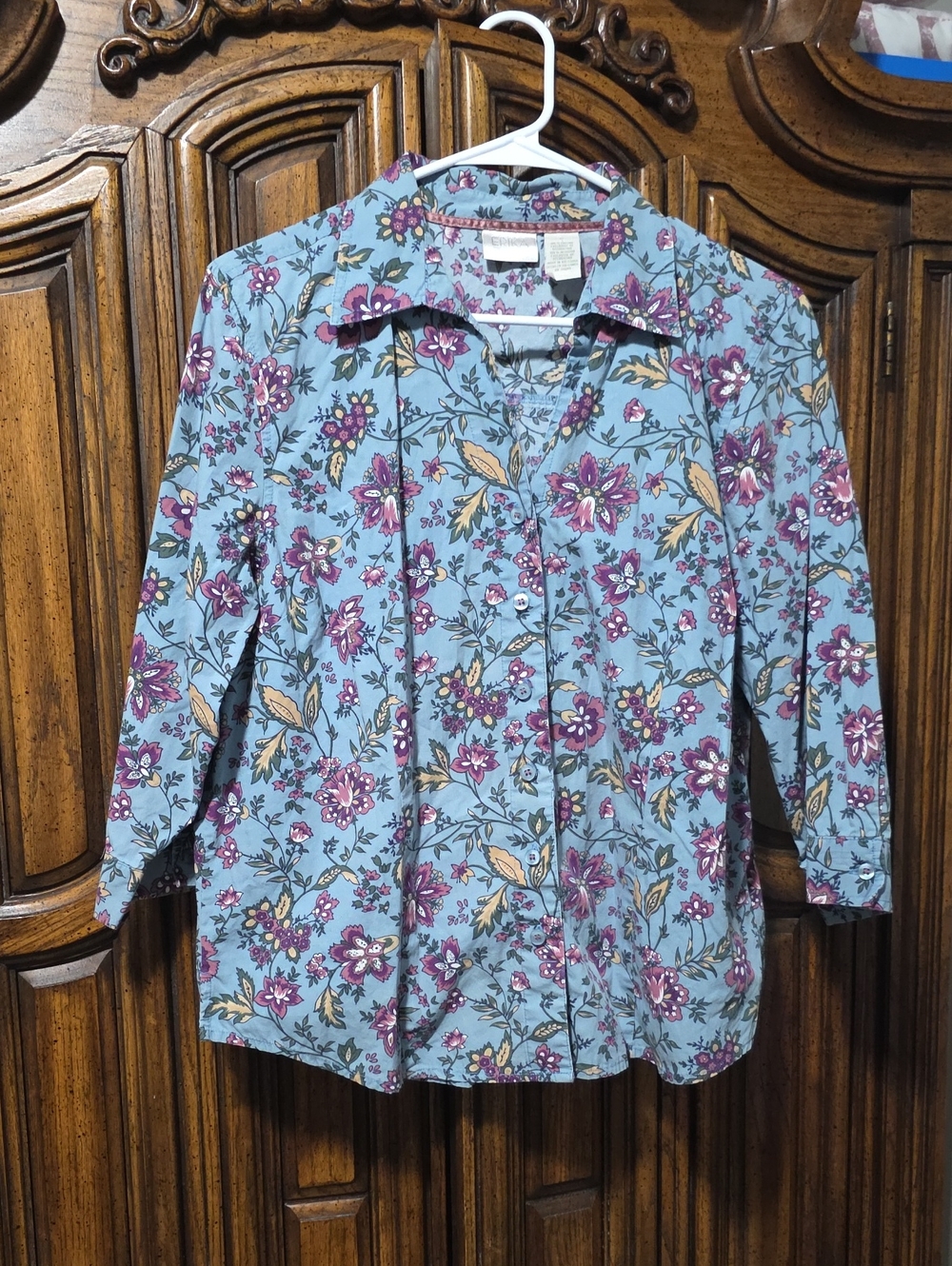 Erika Light Blue Floral Blouse with Plum and Mustard Accents